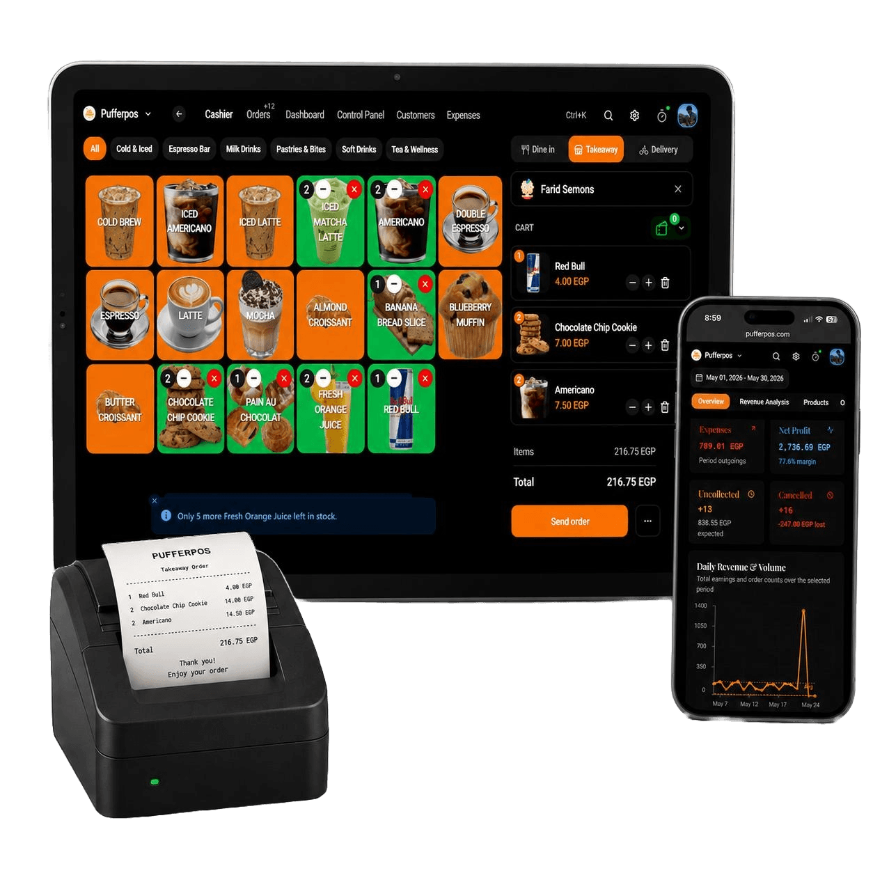 Composed PufferPOS product mockup with POS, mobile dashboard, and receipt printer