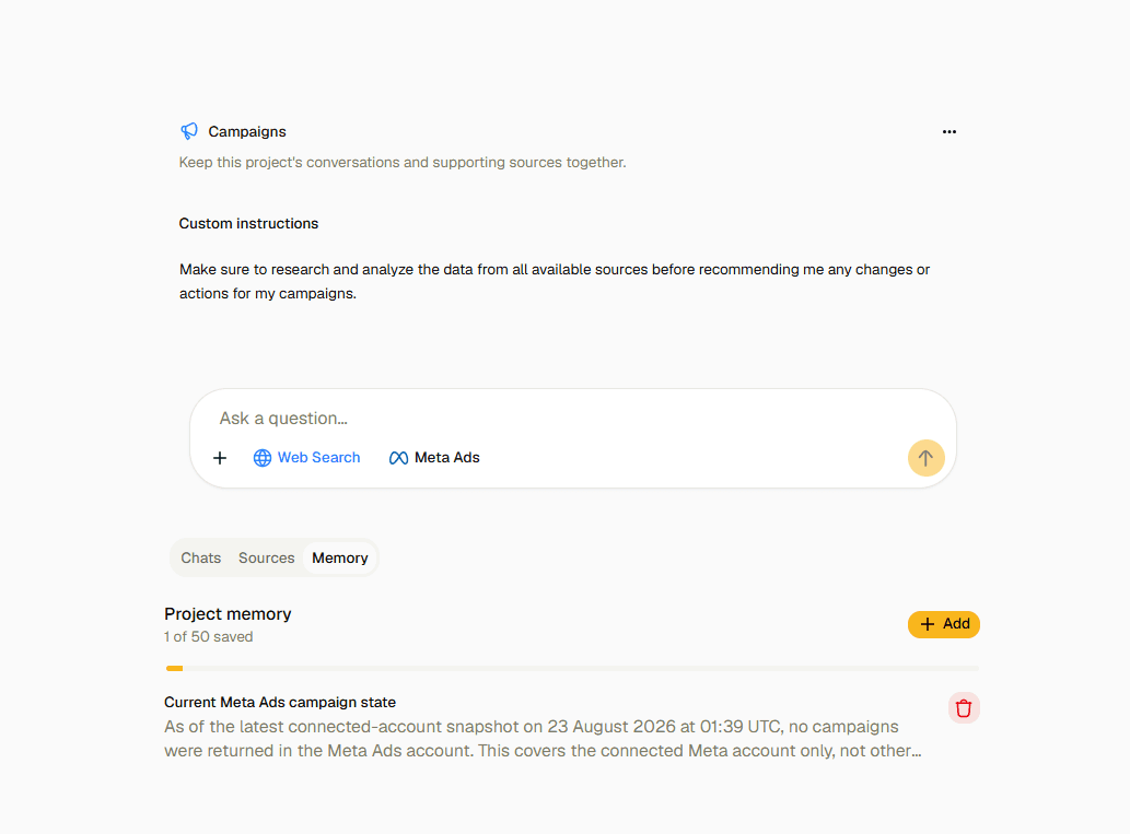 Abu Albazeez AI project workspace with a project name, custom instructions, and question composer.
